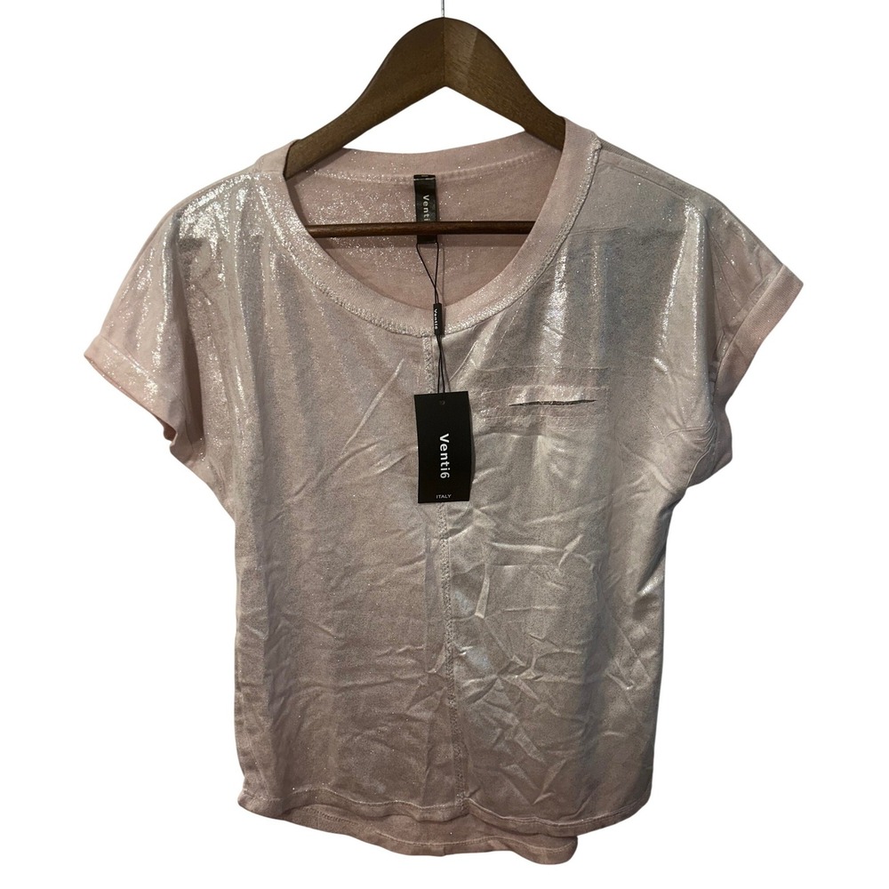 Venti6 Italy Womens Metallic Rose‎ Gold Pink Shimmer Short Sleeve Top NWT